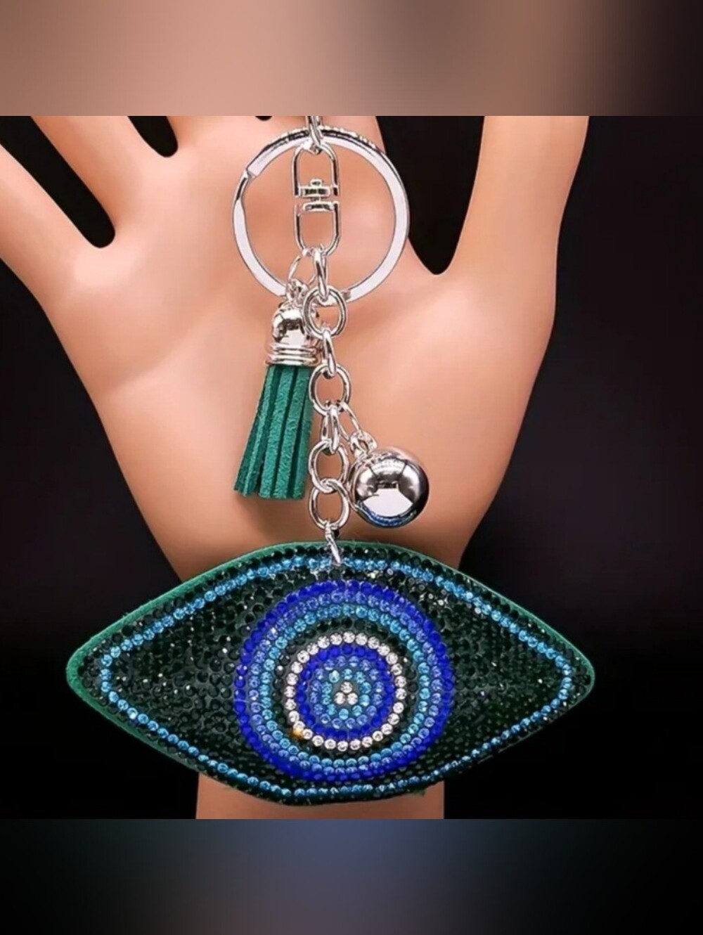 Bling Evil Eye Crystal Rhinestone Keychain Bag Charm With Blue Tassel